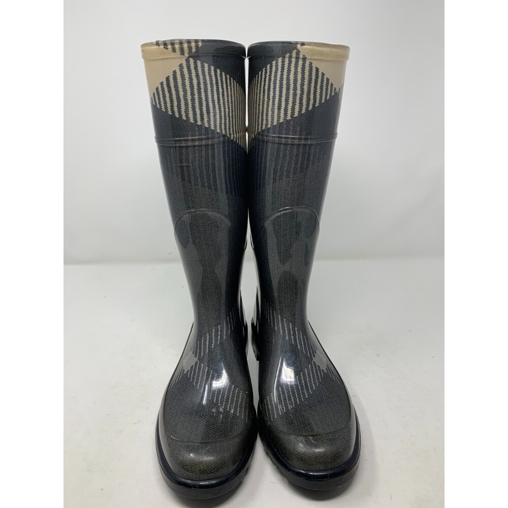 Burberry Wellington Rain Boot Womens EU 37 Black Grey Check Rubber Round Toe